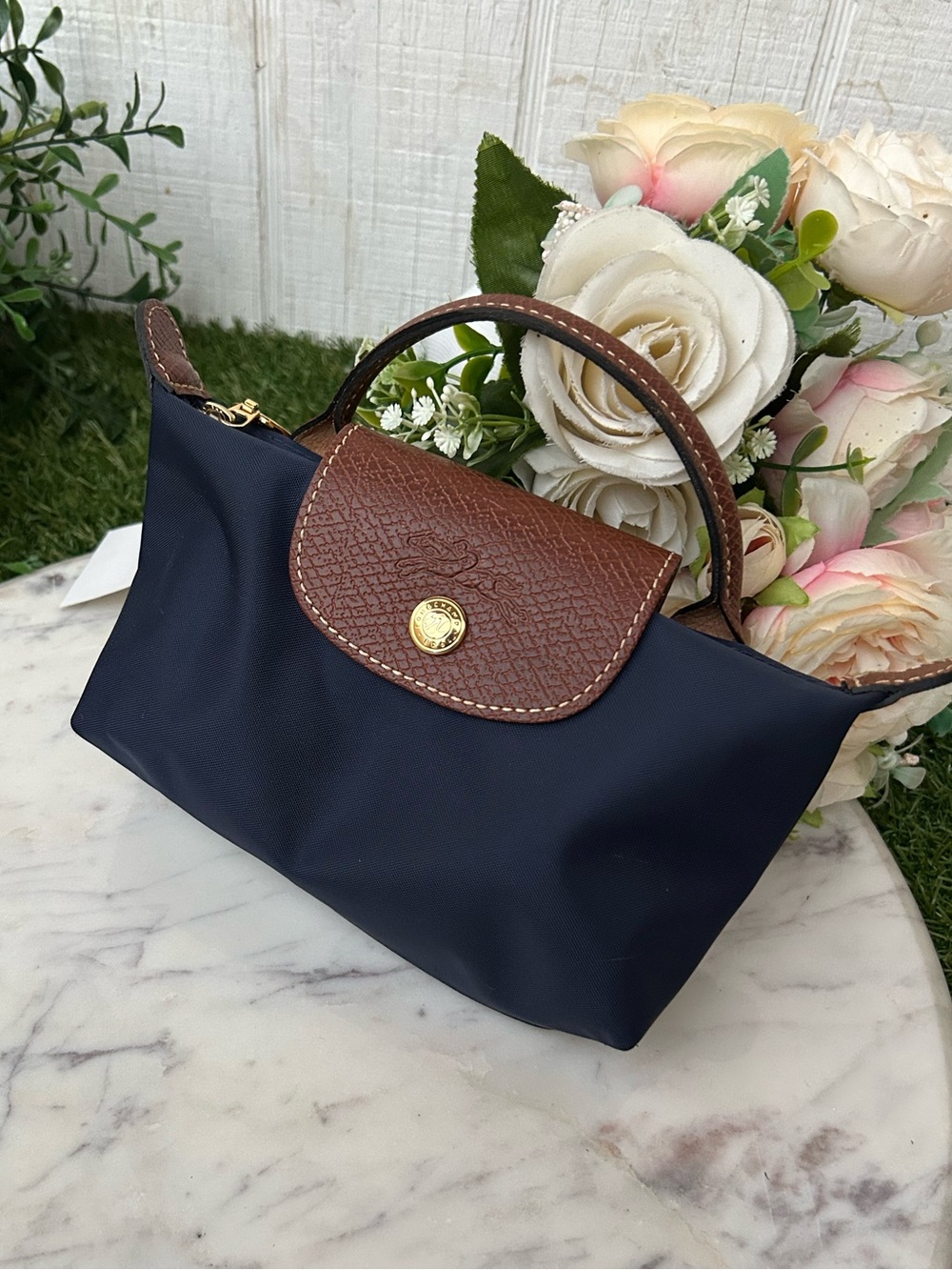 Longchamp mini Navy Tote with Brown Leather Handles